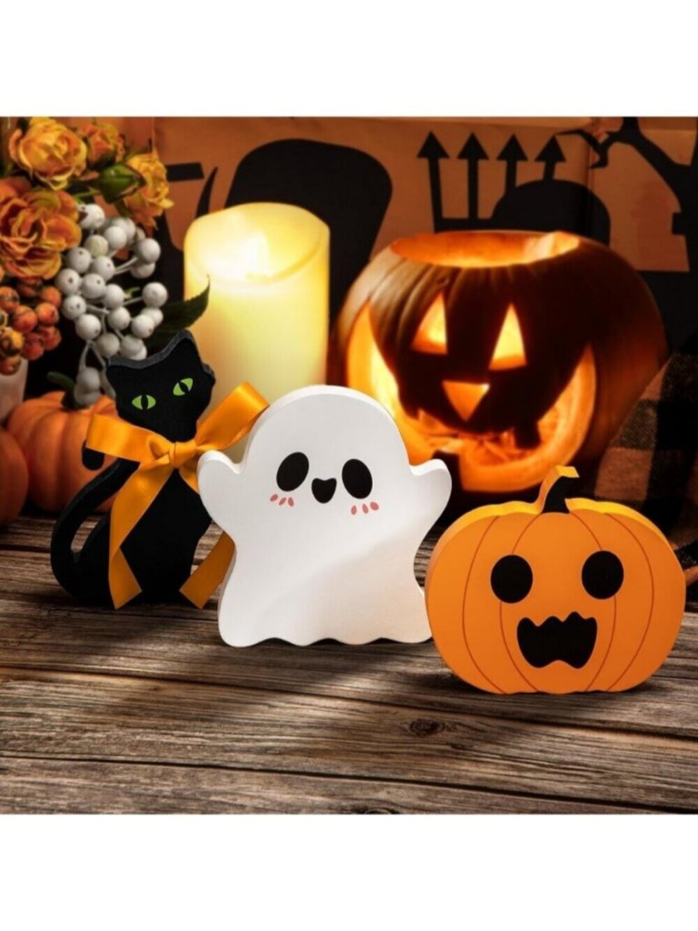 Classic Ghost Halloween Decorations Indoor Wooden Tiered Tray Decor Table Sign